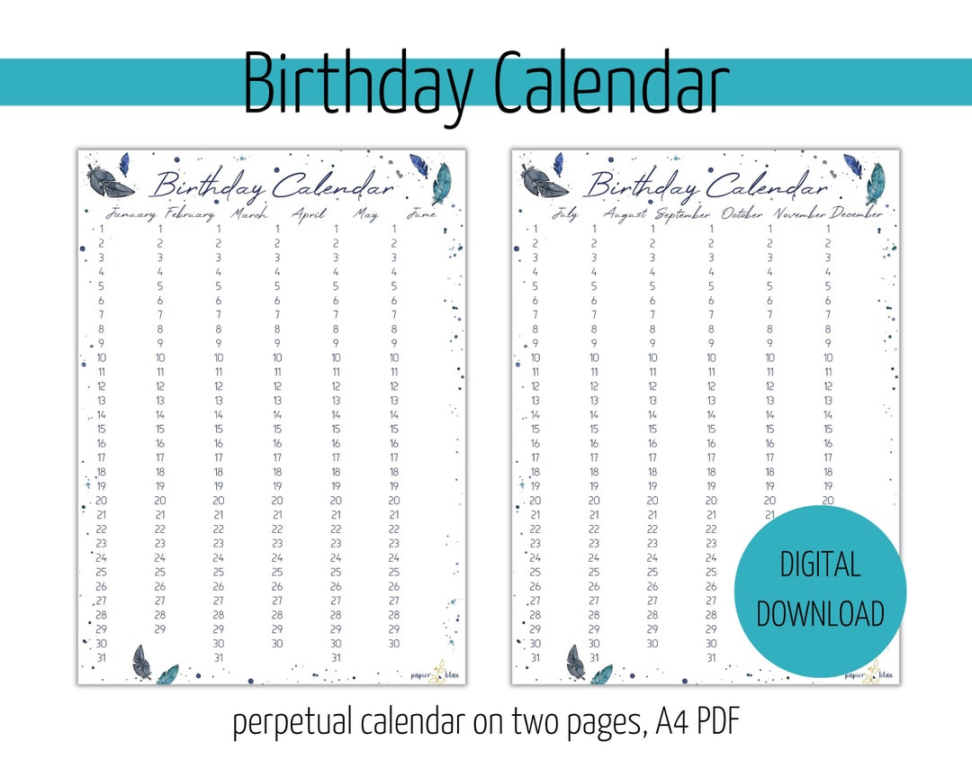 Printable Birthday Calendar A4 Size Template Instant - Etsy