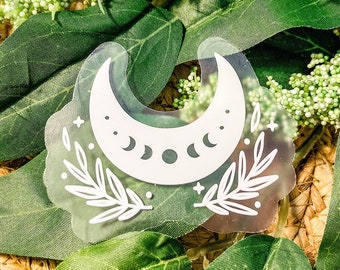 Pegatina de luna floral horizontal, pegatinas místicas, pegatinas de brujas, pegatinas boho, pegatinas celestiales, pegatinas de fase lunar / CLEAR STICKER