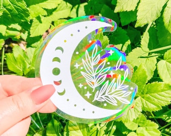Floral Moon Suncatcher Sticker, Rainbow Sun Catcher Sticker, Aesthetic Sun Catcher Sticker, Suncatcher Decal, Prismatic Window Sticker