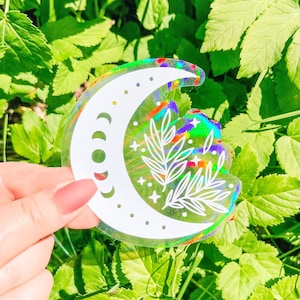 Floral Moon Suncatcher Sticker, Rainbow Sun Catcher Sticker, Aesthetic Sun Catcher Sticker, Suncatcher Decal, Prismatic Window Sticker