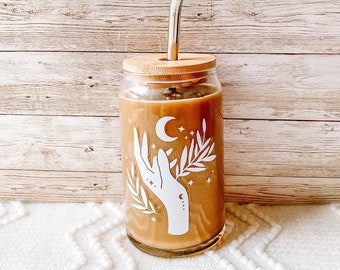 Moon Hand Glass Can, Beer Can Glass, Witchy Cup, Iced Coffee Glass, Coffee Can Glass, Boho Glass Can, Coffee Glass, Eco-Friendly Drinkware