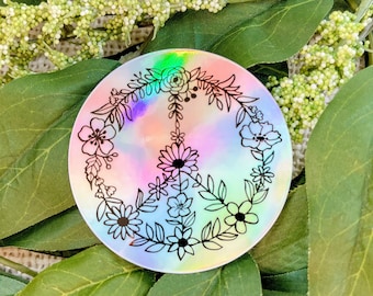 Floral Peace Symbol Sticker, Peace Sign Sticker, Floral Stickers, Retro Stickers, Hippie Stickers, Groovy Stickers | HOLOGRAPHIC STICKER