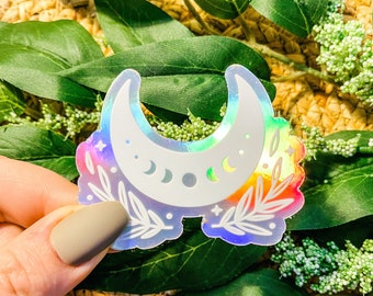 Horizontal Floral Moon Sticker, Mystical Stickers, Witchy Stickers, Boho Stickers, Celestial Stickers, Galaxy Sticker | HOLOGRAPHIC STICKER