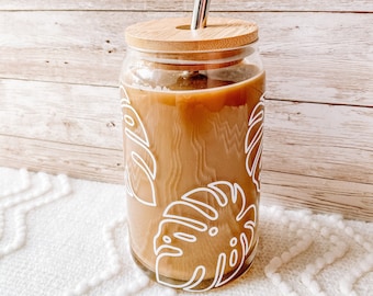 Monstera Glass Can, Beer Can Glass, Plant Lady Cup, Iced Coffee Glass, Bamboo Lid, Boho Glass Can, Aesthetic Glass Can, Eco-Friendly Glass