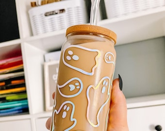Ghost Coffee Can Glass, Halloween Glass Can, Iced Coffee Glass, Beer Can Glass, Reusable Tumbler, Boho Glass Can, Aesthetic Glass Can
