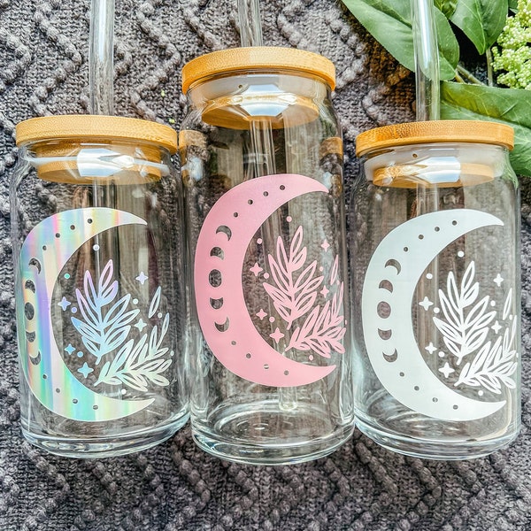 Floral Moon Iced Coffee Glass, Aesthetic Beer Can Glass, Boho Glass Can, Witchy Coffee Glass, Moon Phase Glass, Eco-Friendly Drinkware