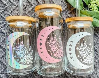 Floral Moon Iced Coffee Glass, Aesthetic Beer Can Glass, Boho Glass Can, Witchy Coffee Glass, Moon Phase Glass, Eco-Friendly Drinkware
