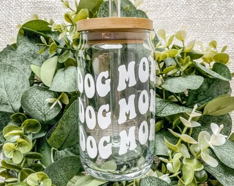 Copo de café gelado para mãe de cachorro, copo de café gelado Boho, presentes para amantes de cachorro, presentes para mãe de cachorro, caneca para mãe de cachorro, copo de lata de café com tampa de bambu e palha