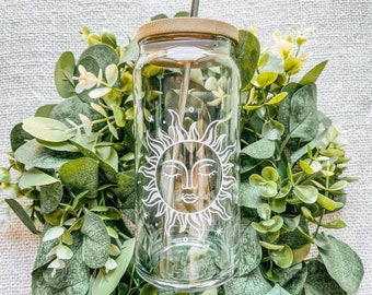 Sun Glass Can, Coffee Can Glass, Iced Coffee Glass with Bamboo Lid, Beer Can Glass, Boho Glass Can, Aesthetic Glass Can, Iced Latte Glass