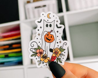 Cat Ghost Sticker, Halloween Stickers, Spooky Season Stickers, Cat Stickers, Cat Mom Gifts, Gifts for Cat Lovers | SEMI-MATTE STICKER