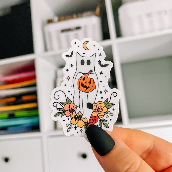 Cat Ghost Sticker, Halloween Stickers, Spooky Season Stickers, Cat Stickers, Cat Mom Gifts, Gifts for Cat Lovers | SEMI-MATTE STICKER