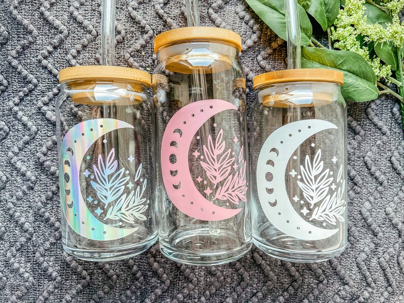 Floral Moon Iced Coffee Glass, Aesthetic Beer Can Glass, Boho Glass Can, Witchy Coffee Glass, Moon Phase Glass, Eco-Friendly Drinkware 