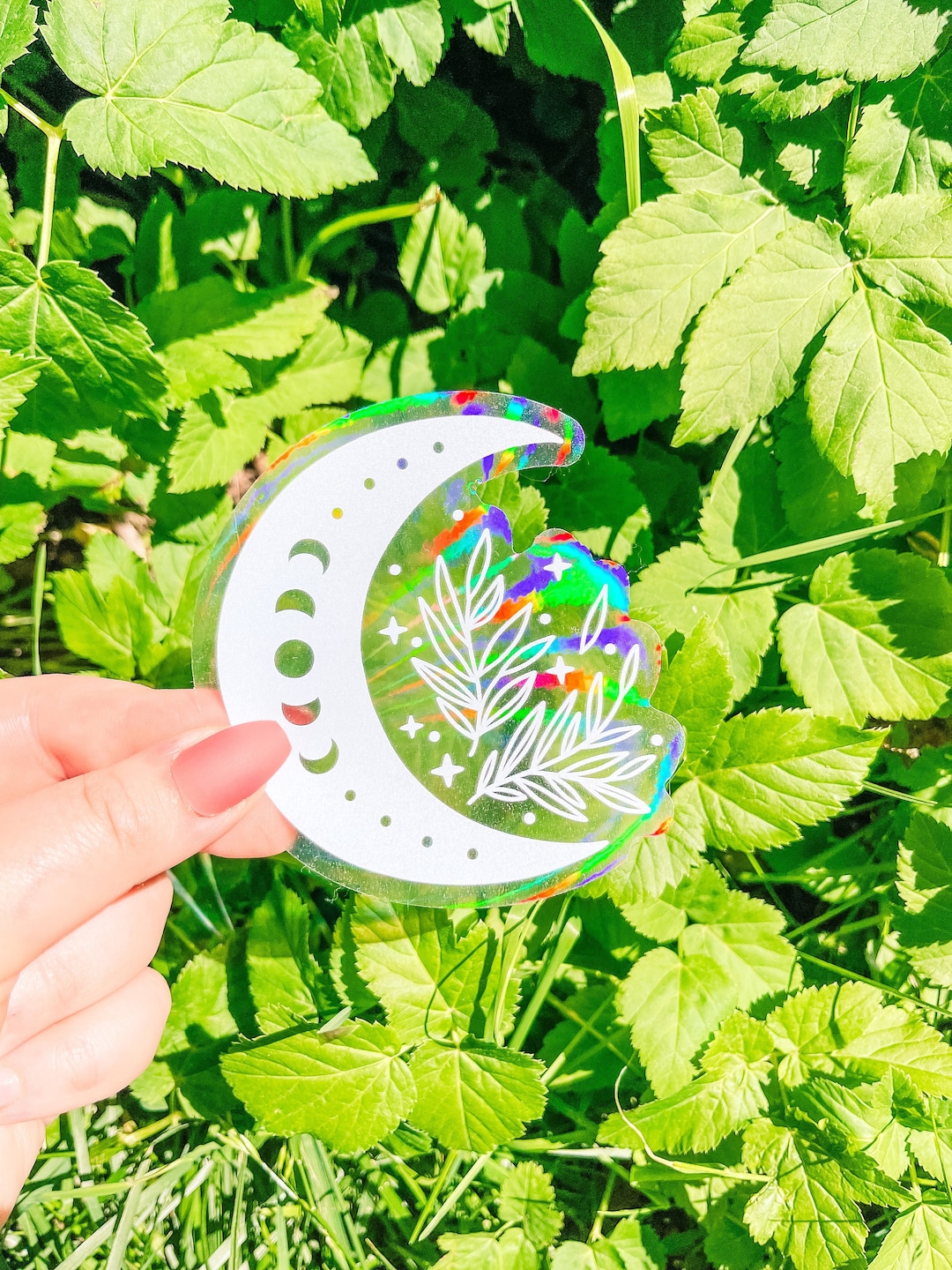 Floral Moon Suncatcher Sticker, Rainbow Sun Catcher Sticker, Aesthetic ...