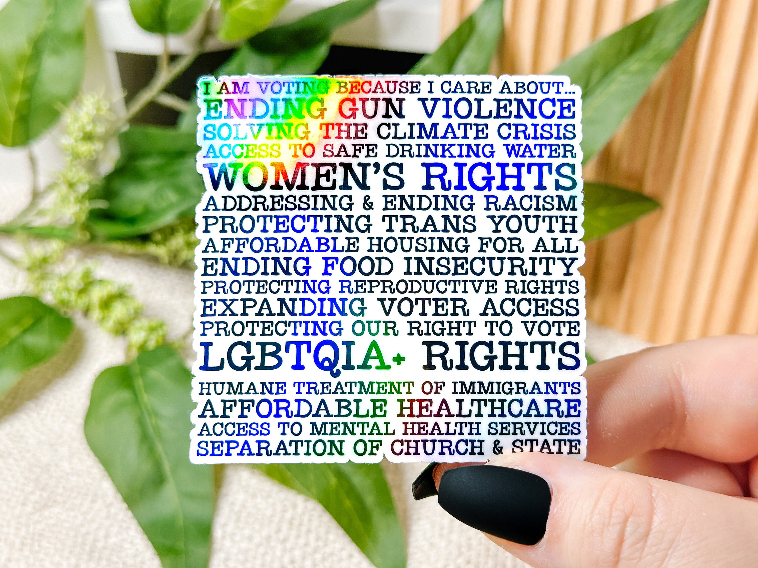 私は次のことに関心があるので投票します...ステッカー、女性の権利、LGBTQ+ の権利、銃による暴力、トランスジェンダーの若者、反人種差別、手頃な医療