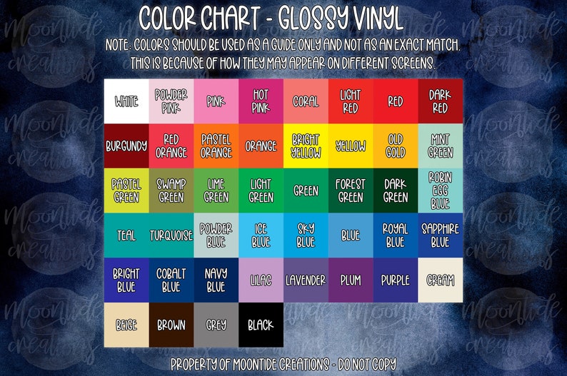 May include: Color chart for glossy vinyl with 36 color swatches. The colors are arranged in rows and columns, with the names of each color printed below the swatch. The chart is on a blue background with a white border.