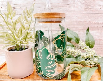 Abstract Monstera Leaves Iced Coffee Glass, Plant Lady Cup, Beer Can Glass, Boho Coffee Glass, Aesthetic Glass Can, Eco-Friendly Gifts