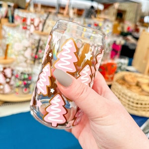 Pink Christmas Tree Cookies Iced Coffee Glass, Gingerbread Cookie Cup, Libbey Beer Can Glass, Christmas Gifts for Her, Gifts Under 35