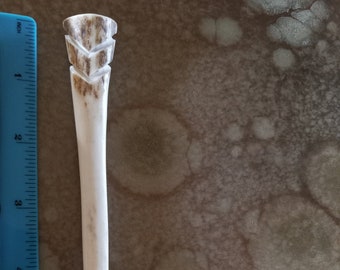 One Prong Brown Antler Hair Fork 6" with carved design