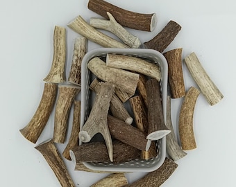 May include: A collection of various sizes and shapes of natural antler dog chews in a white basket. The antler chews are a light brown color.