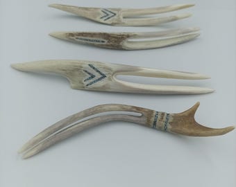 Natural Antler Hair Fork with Turquoise Inlay with 2 prongs