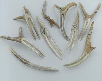 Natural Antler Hair Fork with Turquoise Inlay with 2 prongs