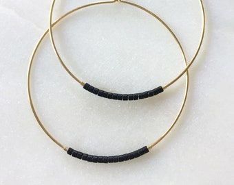 Gold Hoops with Black Beads