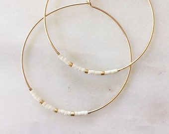 Gold Hoops with White and Gold Beads