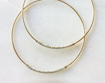 Gold Filled Hoop Earrings: Silver Seed Beads, Lightweight Modern Hoops