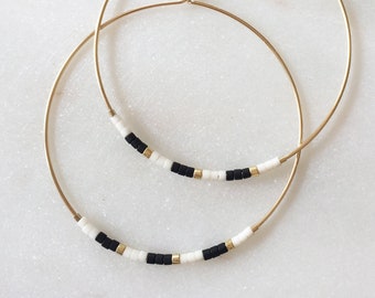 Gold Hoops with Black, White, and Gold Beads