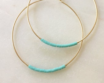 Gold Hoop Earrings with Turquoise Beads, Beaded Gold Hoops, Modern Turquoise Earrings, Gift for Her, Gold-Filled Hoops, Handmade Earrings