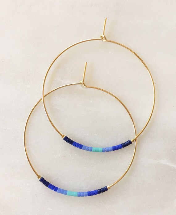 Gold Hoops With Blue Ombré Beads - Etsy