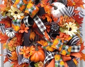 Buffalo Plaid Pumpkin Wreath,Fall Floral Wreath,Custom design Pumpkins,Fall Wreath