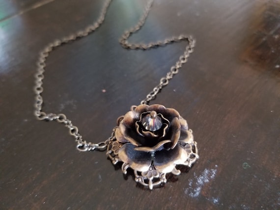 Vintage Brass Crystal Rose Necklace - image 1