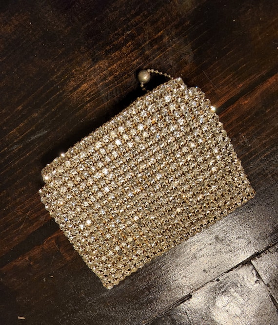 Vintage Flapper Crystal Mesh Satin Coin Purse Bag - image 2