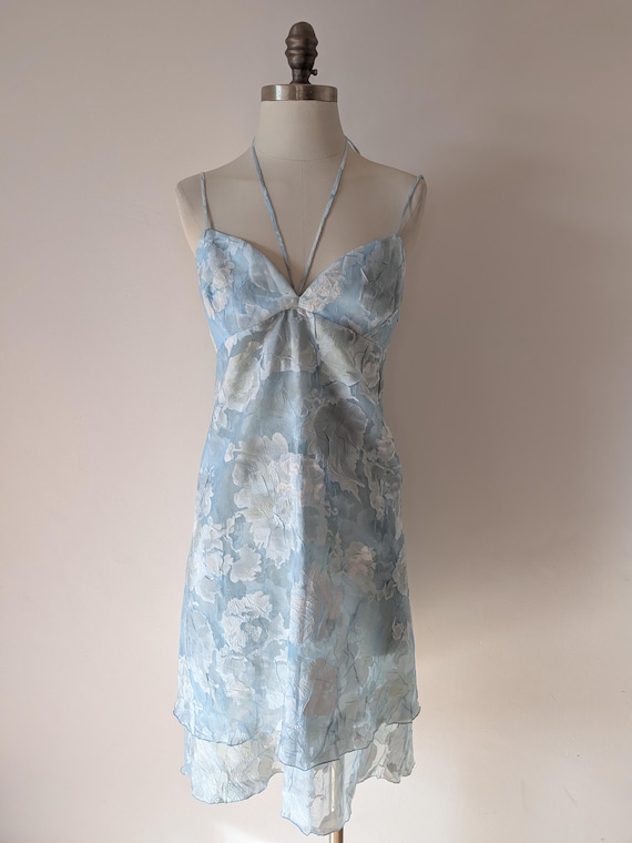Romeo Gigli, Vintage Romeo Gigli Light Blue Devoré Floral Strappy Slip Dress – 90s Italian Fashion