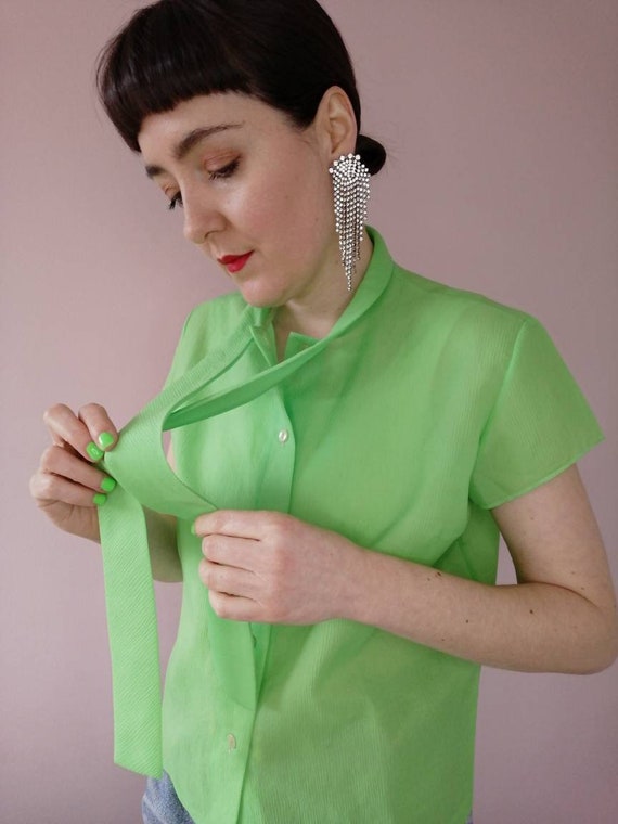 Vintage 90s Kelly Green Pussy Bow Blouse VTG Size… - image 3