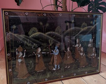 Vintage Indian Pichwai Pahari Style Framed Painting Depicting Krishna and Gopis