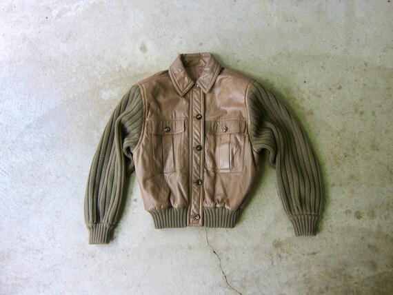Vintage 80s Valentino Bomber Jacket | Brown Buttery Leather Coat | Cropped Bomber with Thick Wool Knit Sleeves | Chunky Slouchy Coat CAD