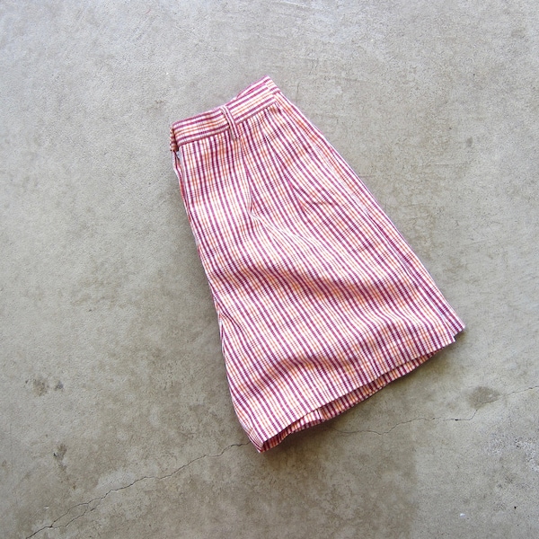90s Plaid Cotton Shorts | Colorful Pink Orange Striped Pleated Shorts | 90s High Waist Summer Shorts