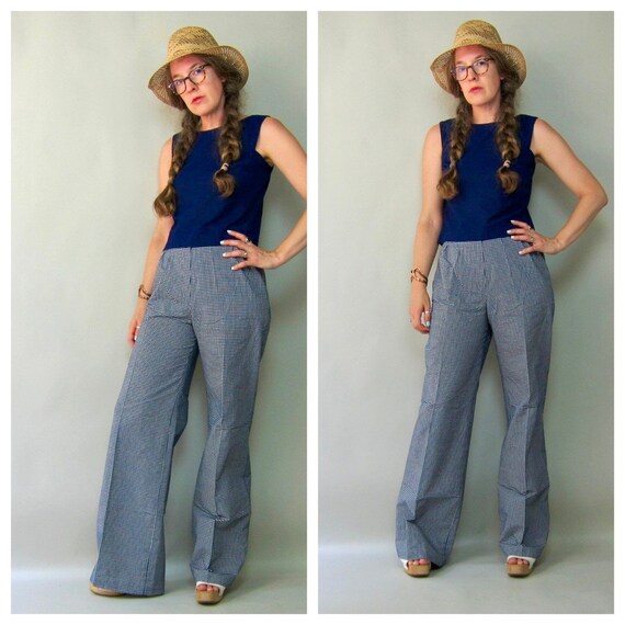 70s Blassport Wide Leg Gingham Pants | Blue White… - image 2