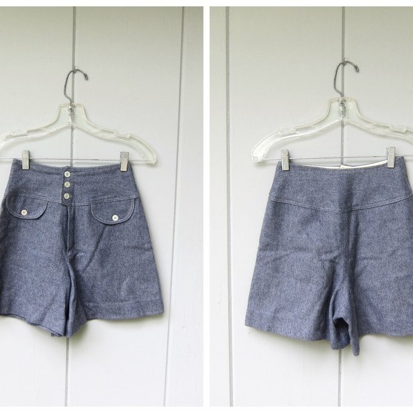 60s Wool Culottes | Blue Wool Mini Skirt | High Waist Shorts with Pockets | School Girl