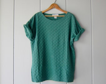 80s Green Textured Tshirt | Vintage Oversized Cotton Blend Tee | Basic Short Sleeve Top