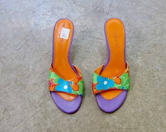 Flower Kitten Heel Sandals | Colorful Leather Slip On Mules | Summer Resort Wear Tropical Heels