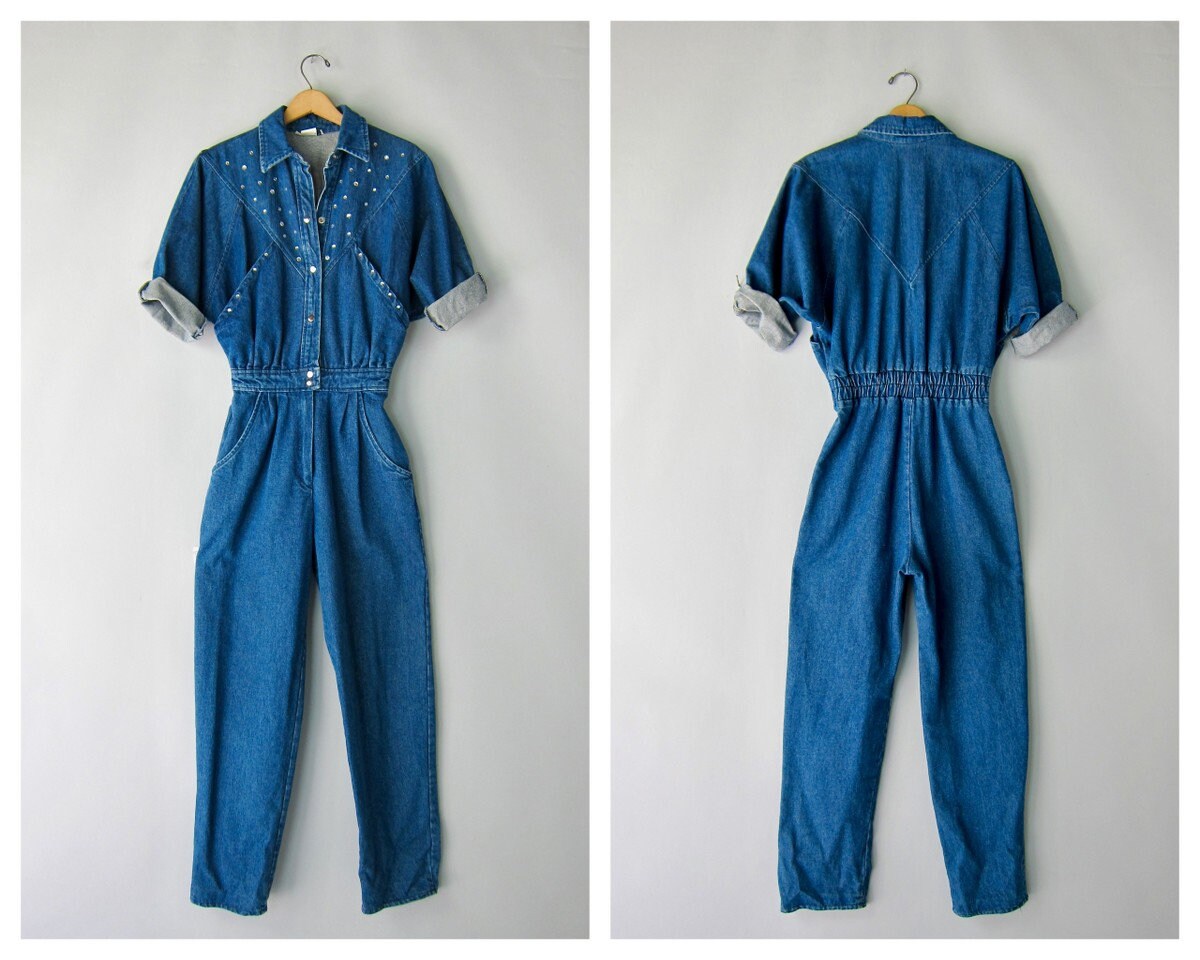 80s Denim Jumpsuit Vintage Bedazzled Denim Pants Jumpsuit One Piece  Coveralls 