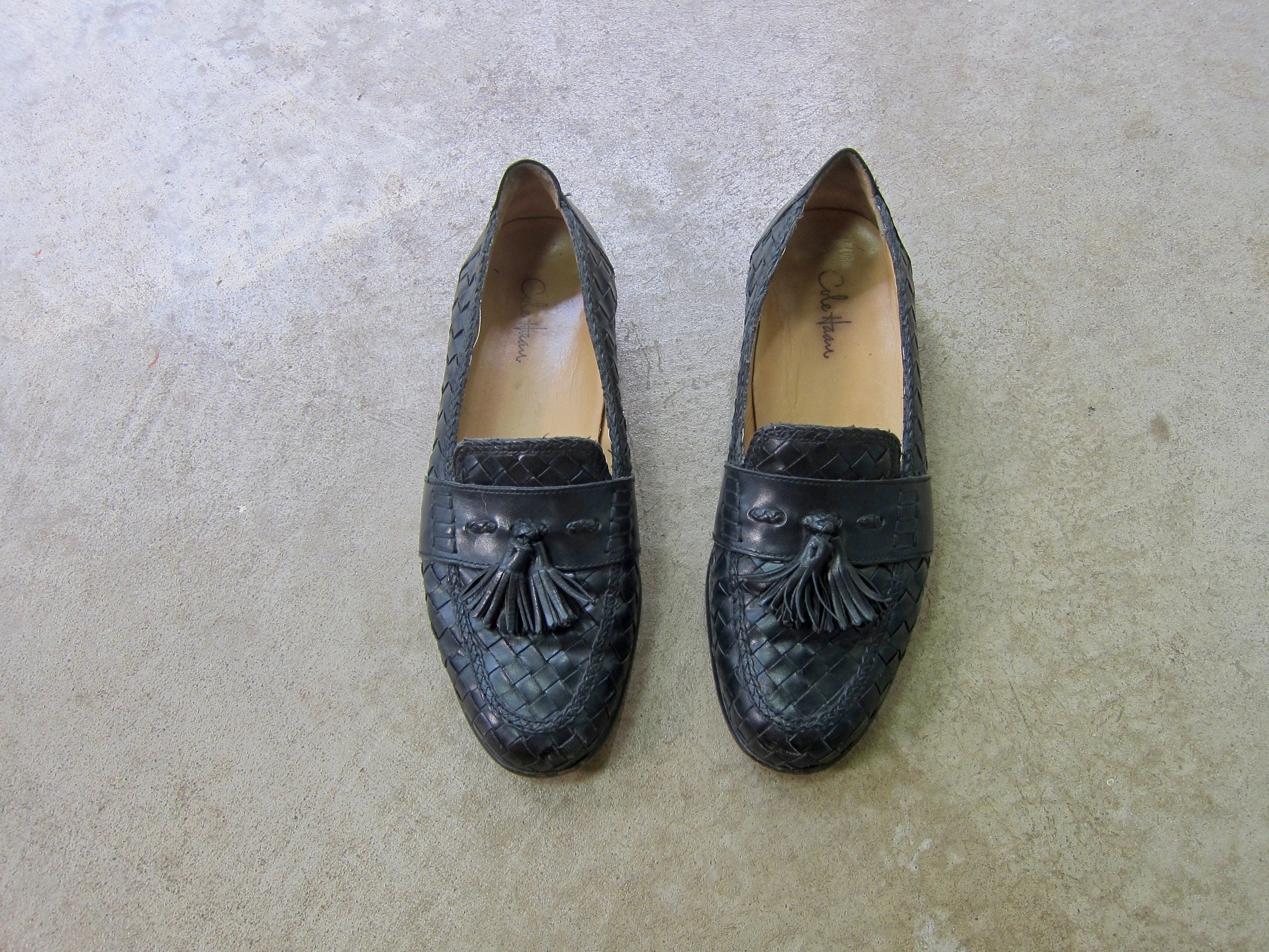 90s Mens Woven Leather Loafers | Vintage Cole Haan Tassel