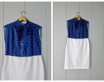 SALE 60s Mod Dress 1970s MEd Ascot Tie peacock Blue Go Go
