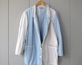 80er Jahre Chambray Blau & Weiss Gestreifter Blazer | Adrette PASTA Streifen Sommer Blazer | Leichte Baumwolle Hipster Frühling Jacke Unisex