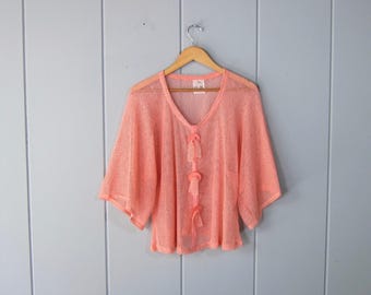 Luchtig boxy shirt met perzikkleurige mesh | Crop top met korte mouwen | Open gebreid doorschijnend T-shirt voor zwemkleding