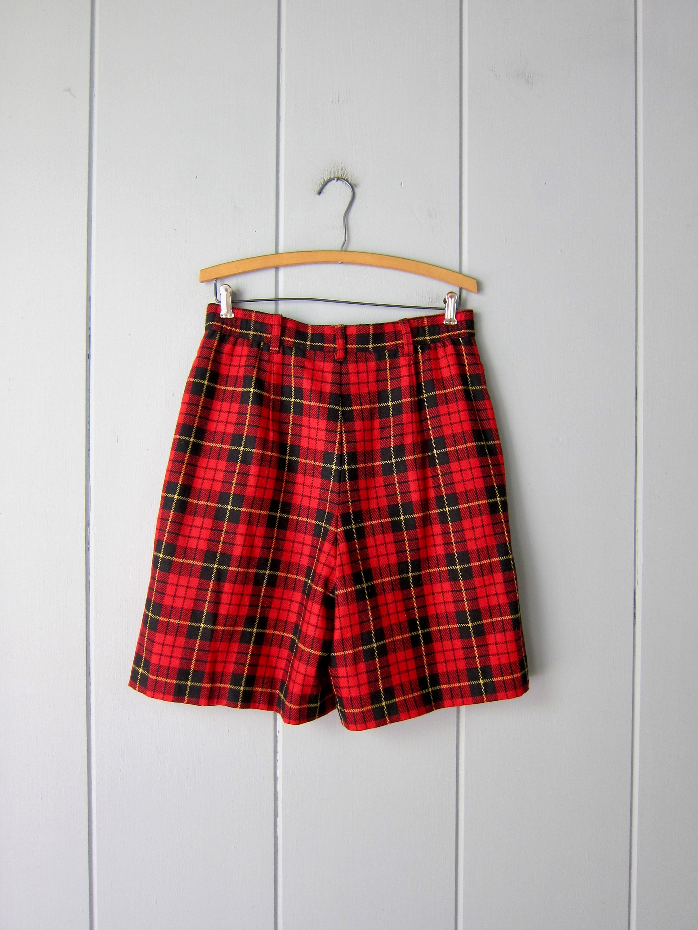 Red Wool Plaid Shorts 80s High Waist Pleated Shorts | Etsy