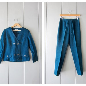 70s Teal Blue Tweed Suit Set: Vintage Rayon Silk Blazer & Trousers - Deadstock